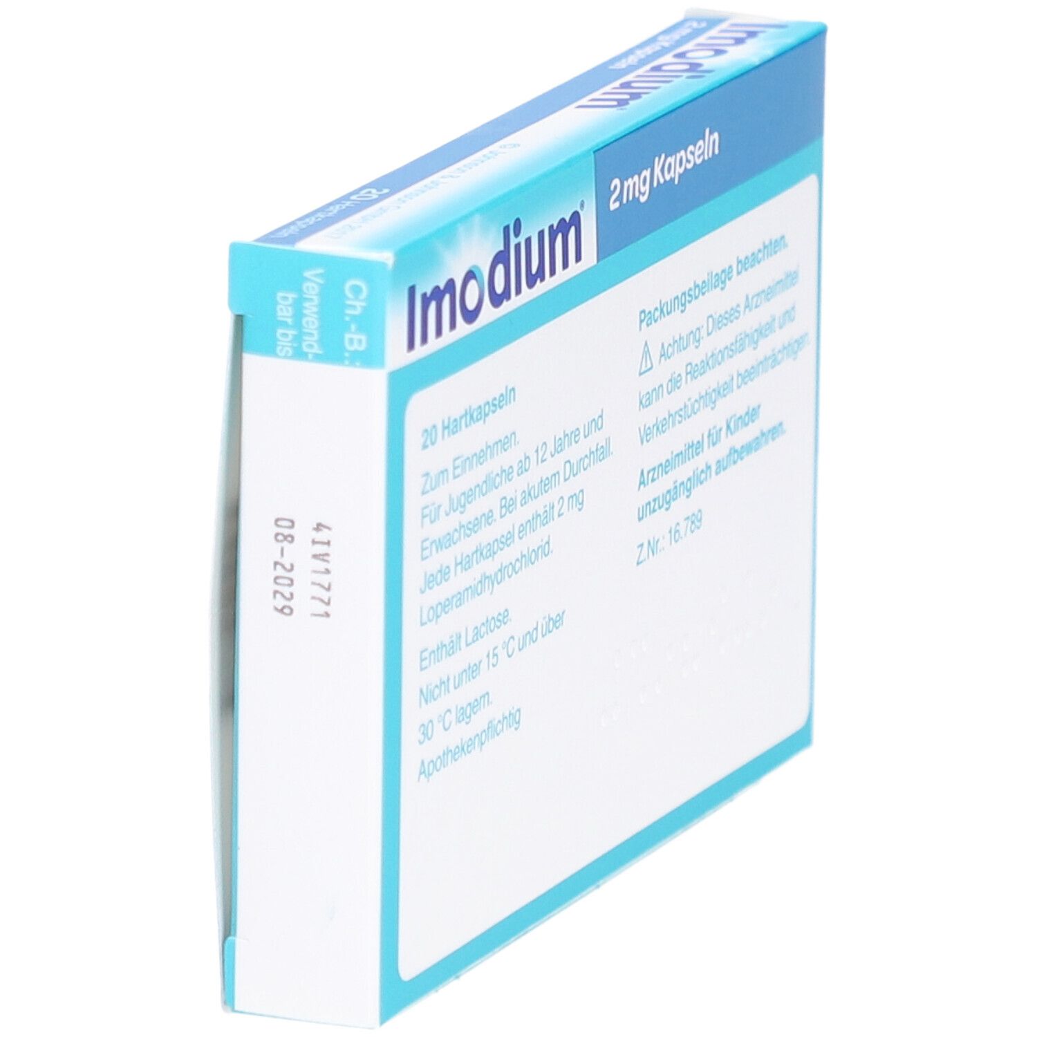 Imodium 2 mg Kapseln Packung. Seitenansicht. 20 Hartkapseln. Blau-weißes Design.