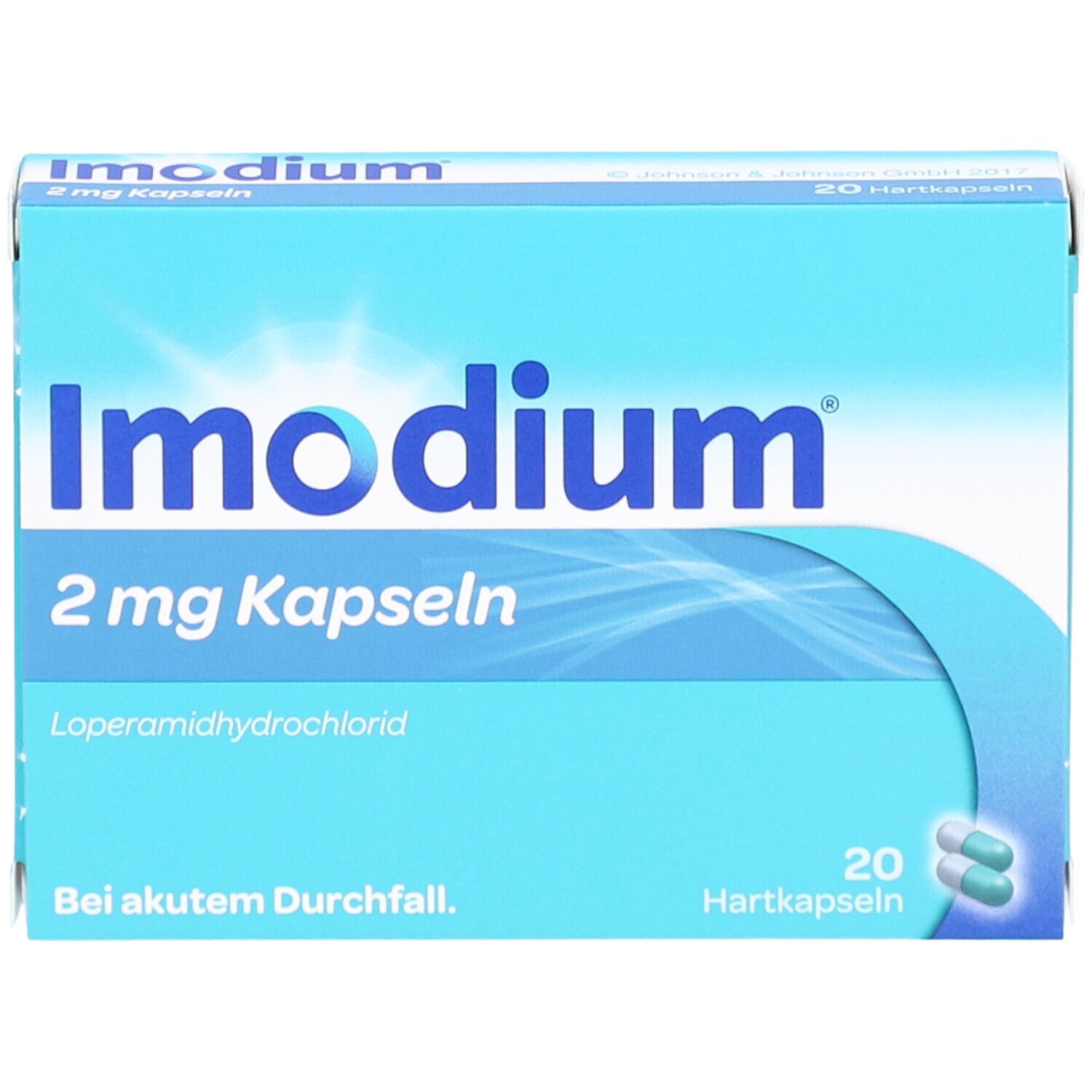 Imodium 2 mg Kapseln Packung. 20 Hartkapseln. Blau-weißes Design.