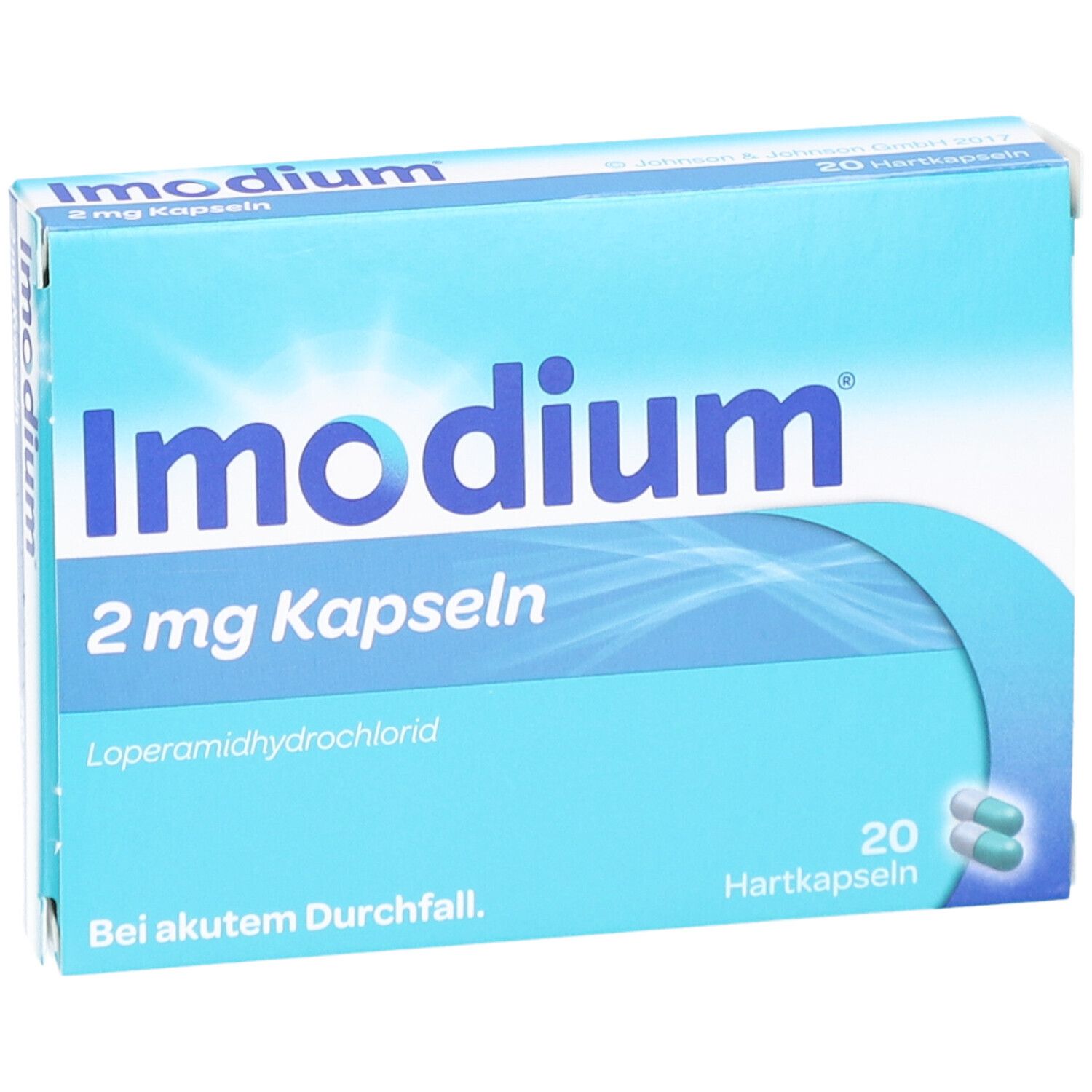 Imodium 2 mg Kapseln Packung. 20 Hartkapseln. Blau-weißes Design.