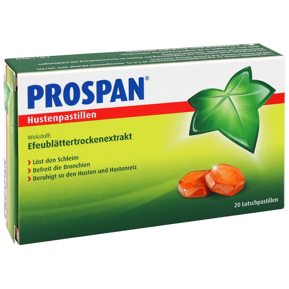 Prospan Hustenpastillen Packung. 20 Pastillen. Braune Pastillen. Grün-weiße Verpackung mit Logo und Produktnamen.