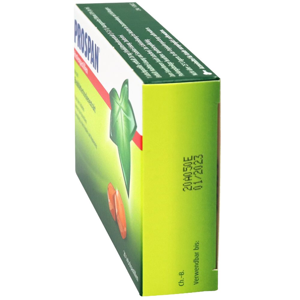 Prospan Hustenpastillen Packung, Seitenansicht. Grün-weiße Verpackung. Haltbarkeitsdatum 01/2023.