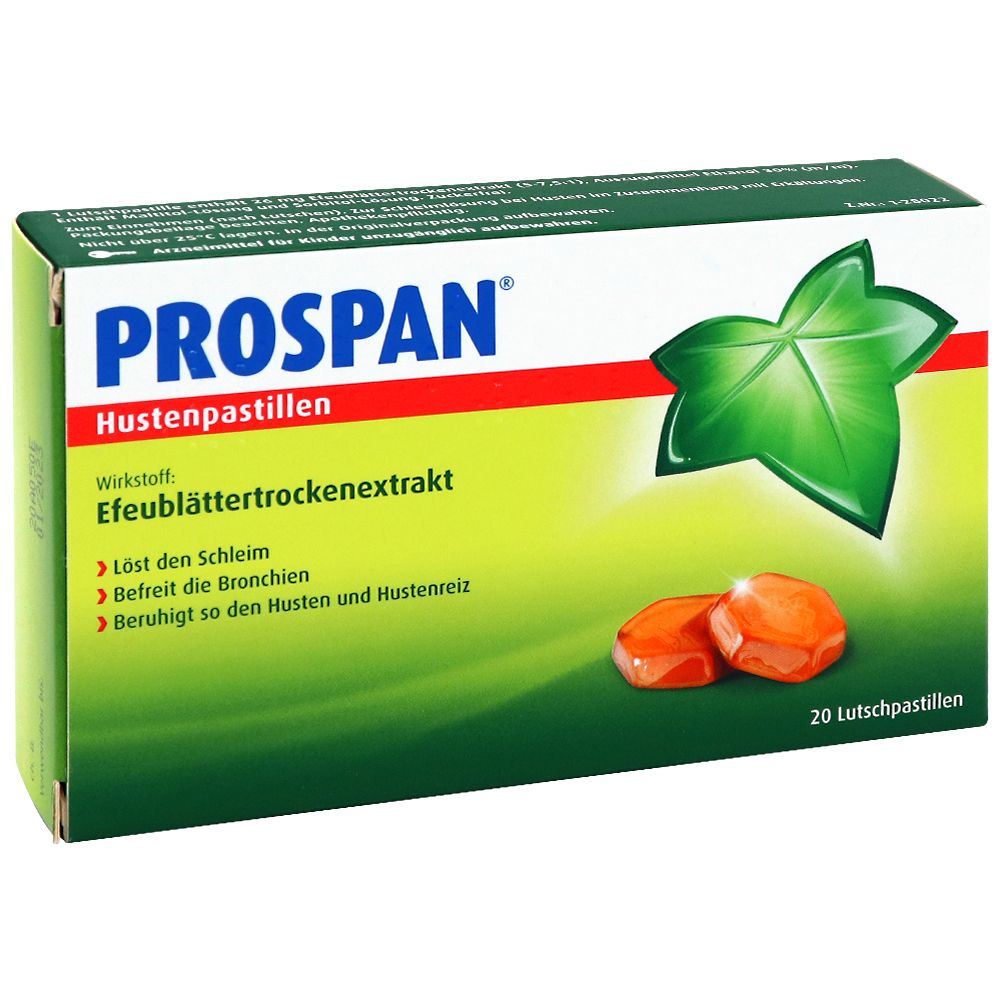 Prospan Hustenpastillen Packung. 20 Pastillen. Braune Pastillen. Grün-weiße Verpackung mit Logo und Produktnamen.
