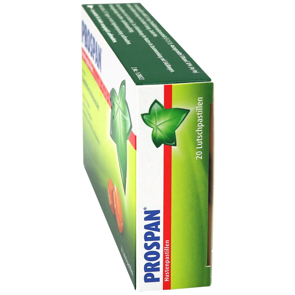 Prospan Hustenpastillen Packung, Seitenansicht. Grün-weiße Verpackung. 20 Lutschpastillen.
