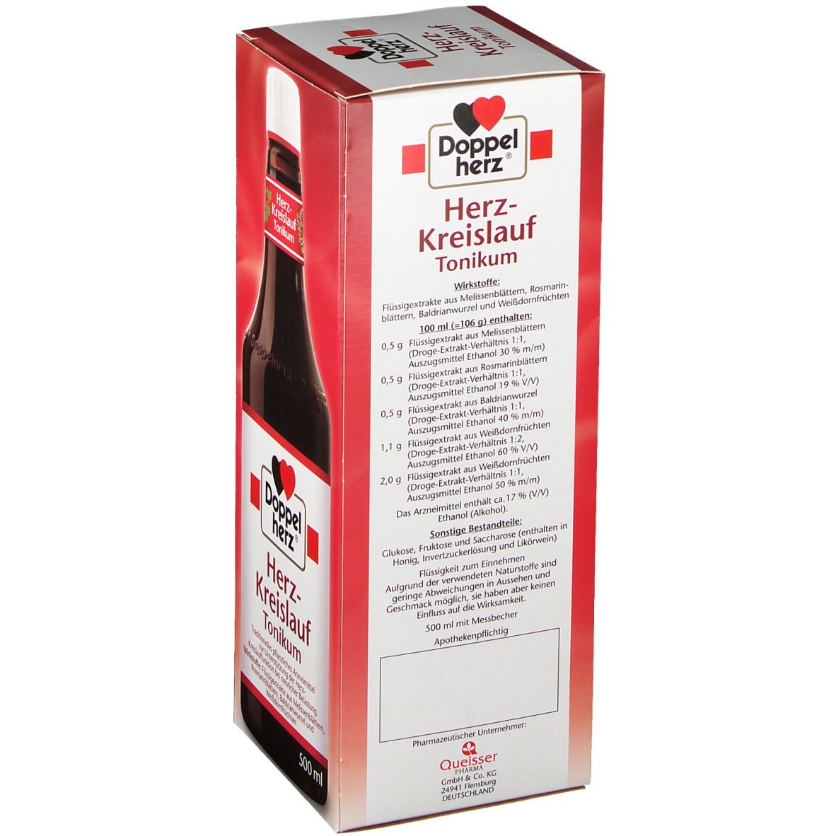 Doppelherz Herz-Kreislauf Tonikum. Verpackung mit Inhaltsstoffen und Informationen. Weißer Hintergrund mit roter Schrift. 500 ml.