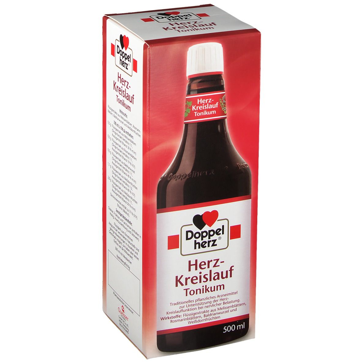 Doppelherz Herz-Kreislauf Tonikum. Flasche in Verpackung. Rote und weiße Verpackung mit Produktnamen und Logo. 500 ml.