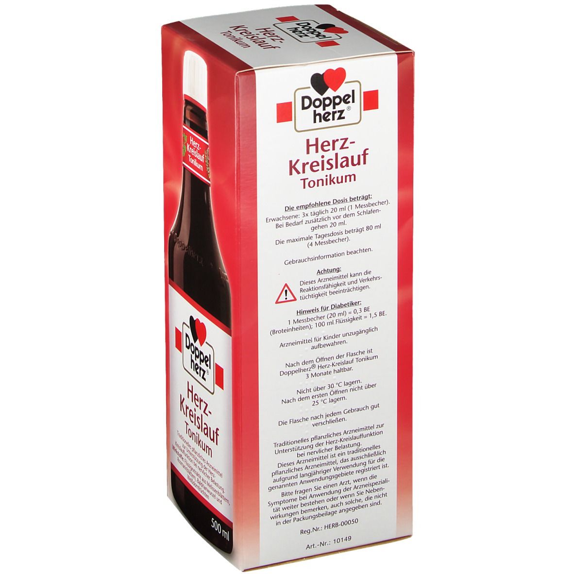 Doppelherz Herz-Kreislauf Tonikum. Verpackung mit Dosierungsanweisungen. Rote und weiße Verpackung. 500 ml.