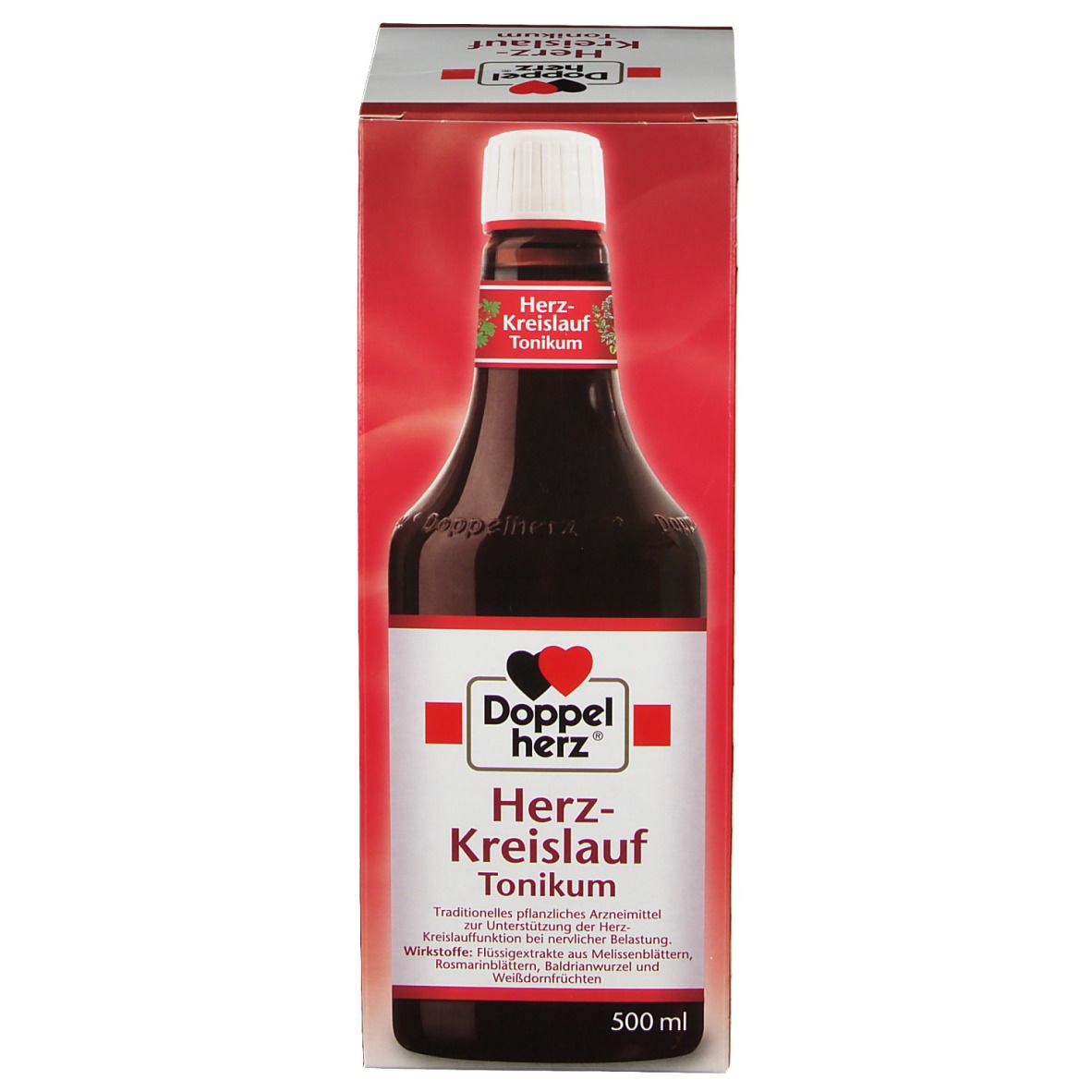 Doppelherz Herz-Kreislauf Tonikum. Flasche in Verpackung. Rote und weiße Verpackung mit Produktnamen und Logo. 500 ml.