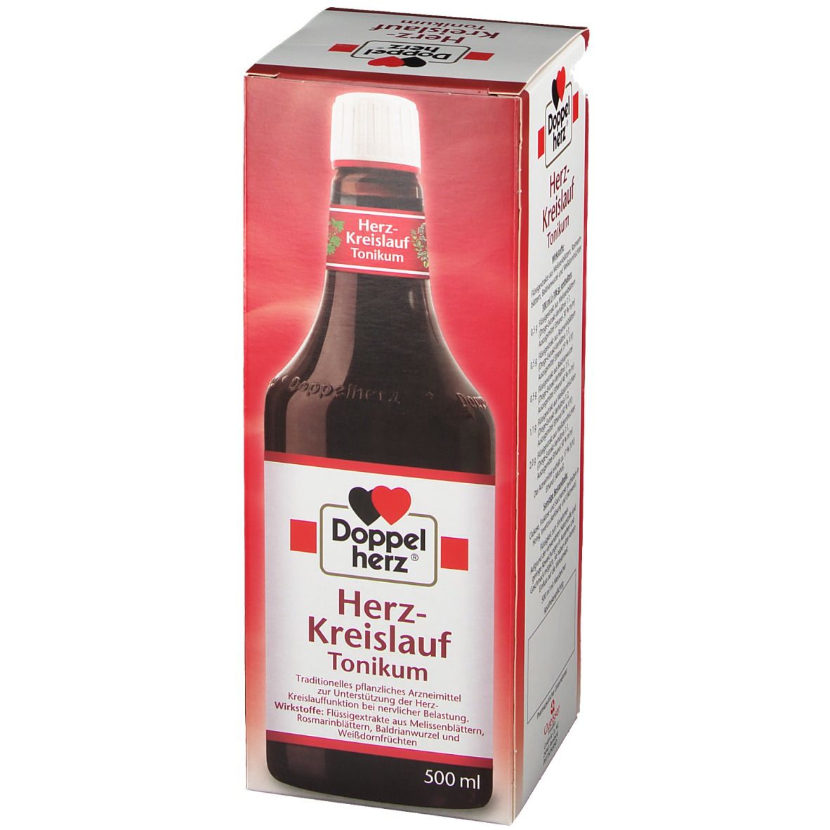 Doppelherz Herz-Kreislauf Tonikum. Flasche in Verpackung. Rote und weiße Verpackung mit Produktnamen und Logo. 500 ml.