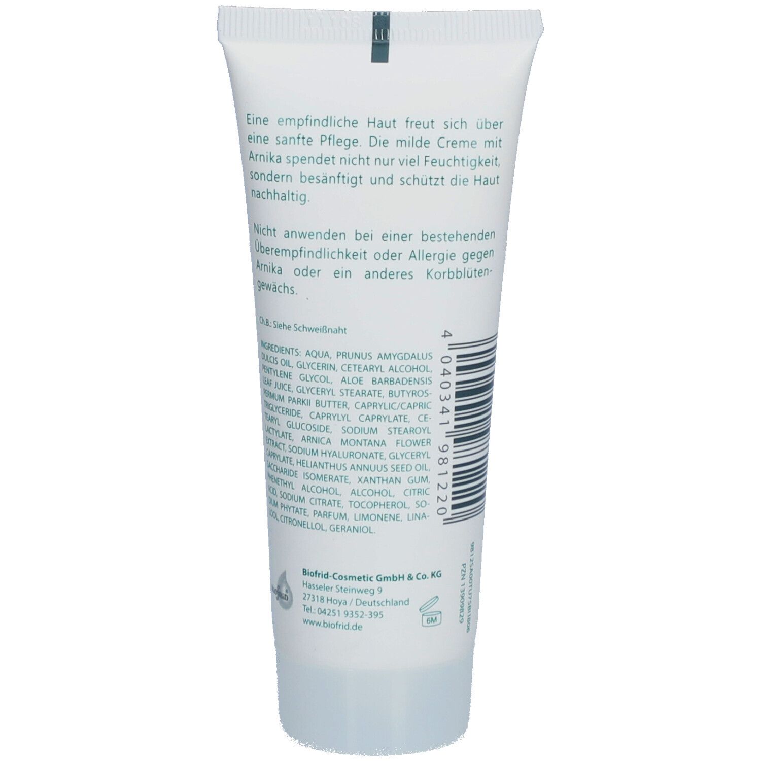 Rückseite einer weißen Tube. Text in grüner Schrift. Inhaltsstoffe und Herstellerangaben.
