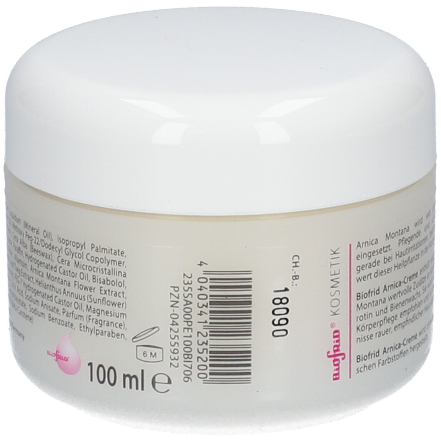 Weißes Tiegel mit Deckel. Aufschrift: 100 ml. Text und Herstellerangaben.