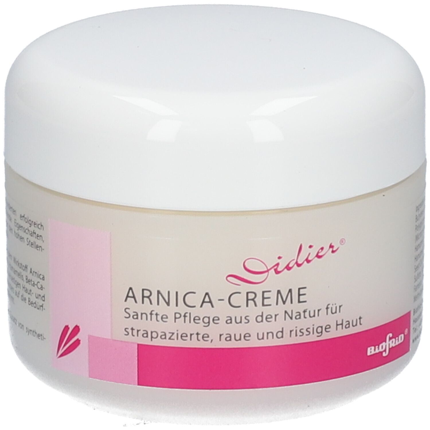 Weißes Tiegel mit rosa Etikett. Aufschrift: ARNICA-CREME. Text und Logo.