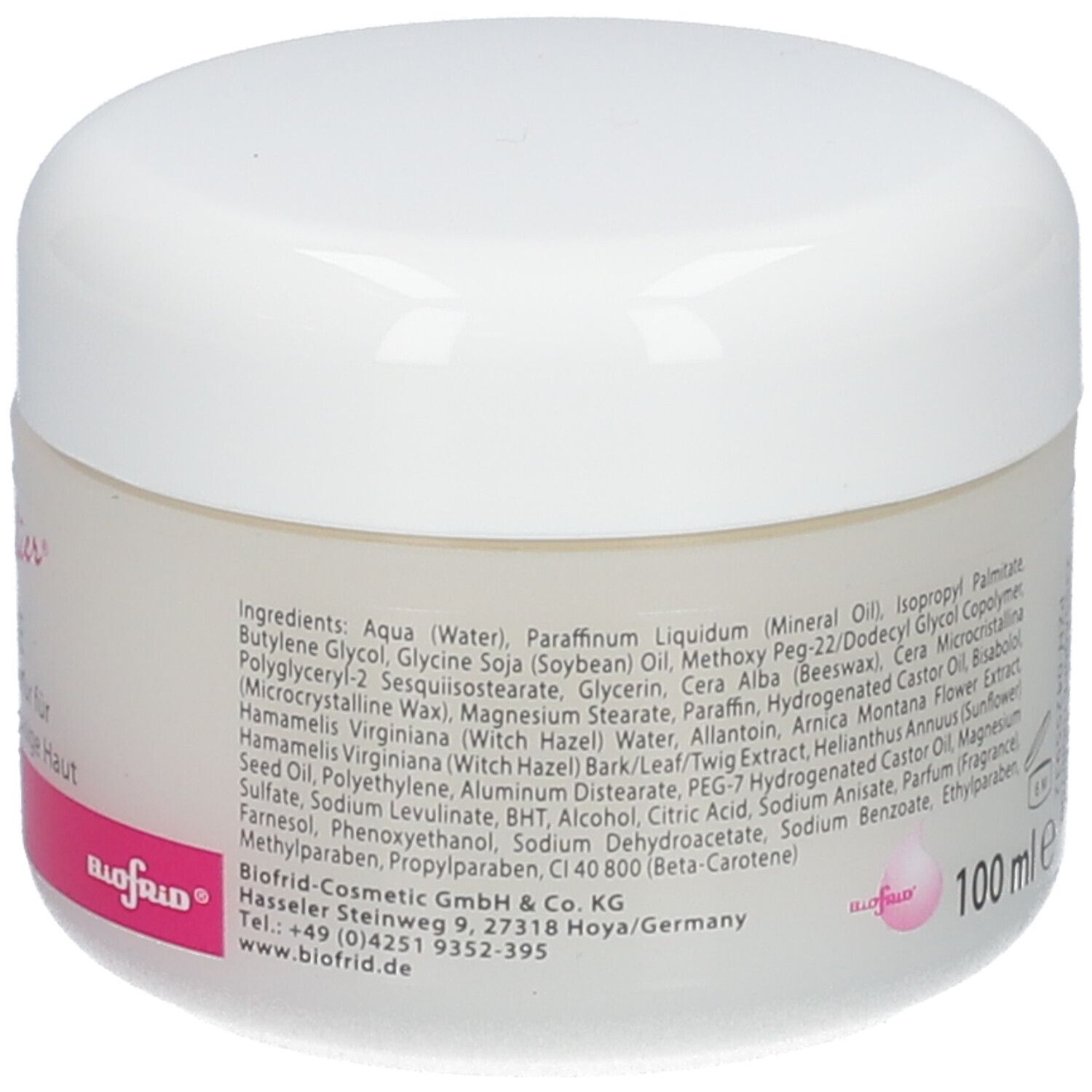 Weißes Tiegel mit Deckel. Aufschrift: 100 ml. Text und Herstellerangaben.