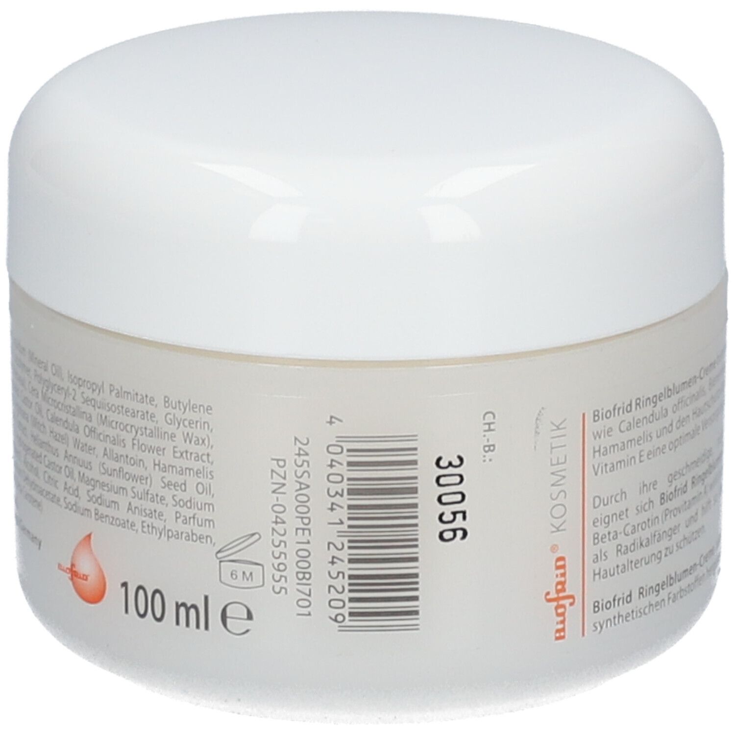Creme-Tiegel mit weißem Deckel. Aufschrift: 100 ml. Text auf der Rückseite: Biofrid Ringelblumen-Creme.