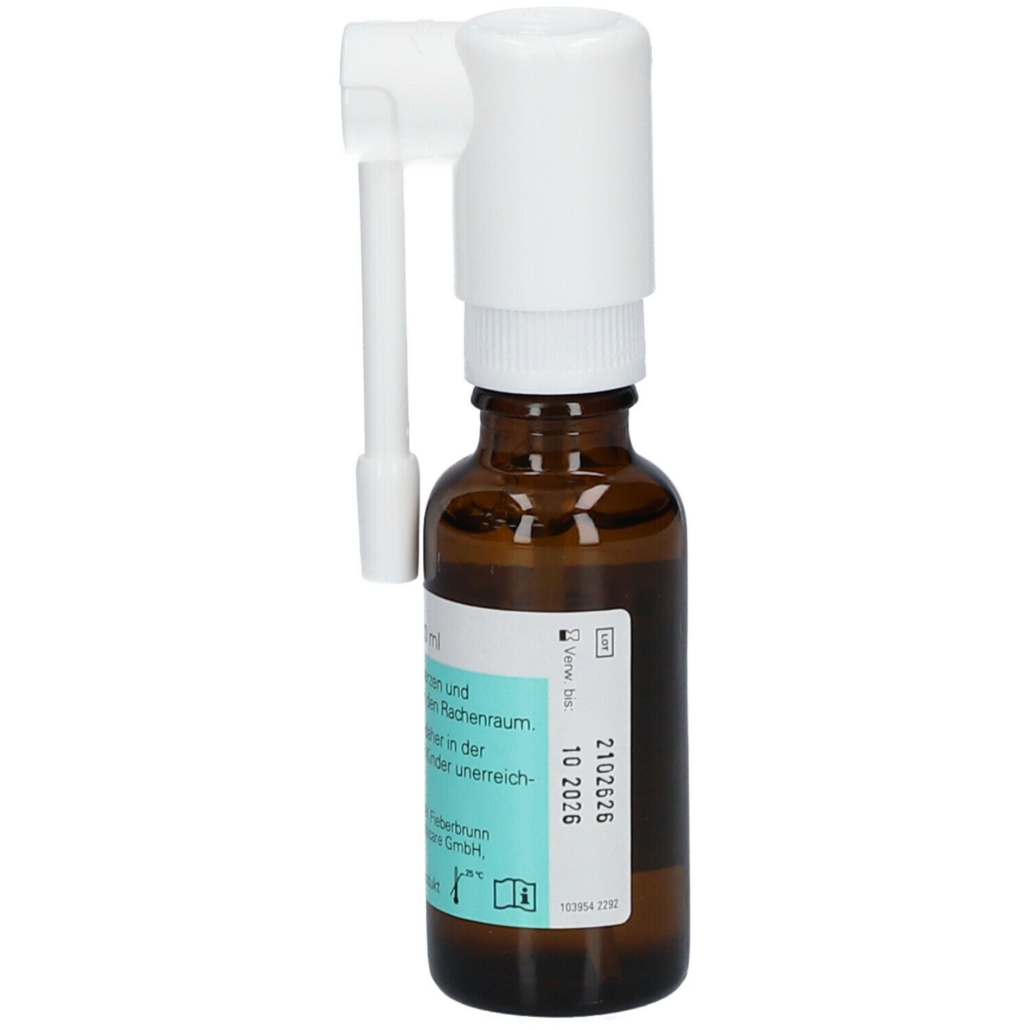 Braune Glasflasche mit weißem Sprühkopf und Aufsatz. Aufkleber mit Produktinformationen und Verfallsdatum. CE-Kennzeichnung.