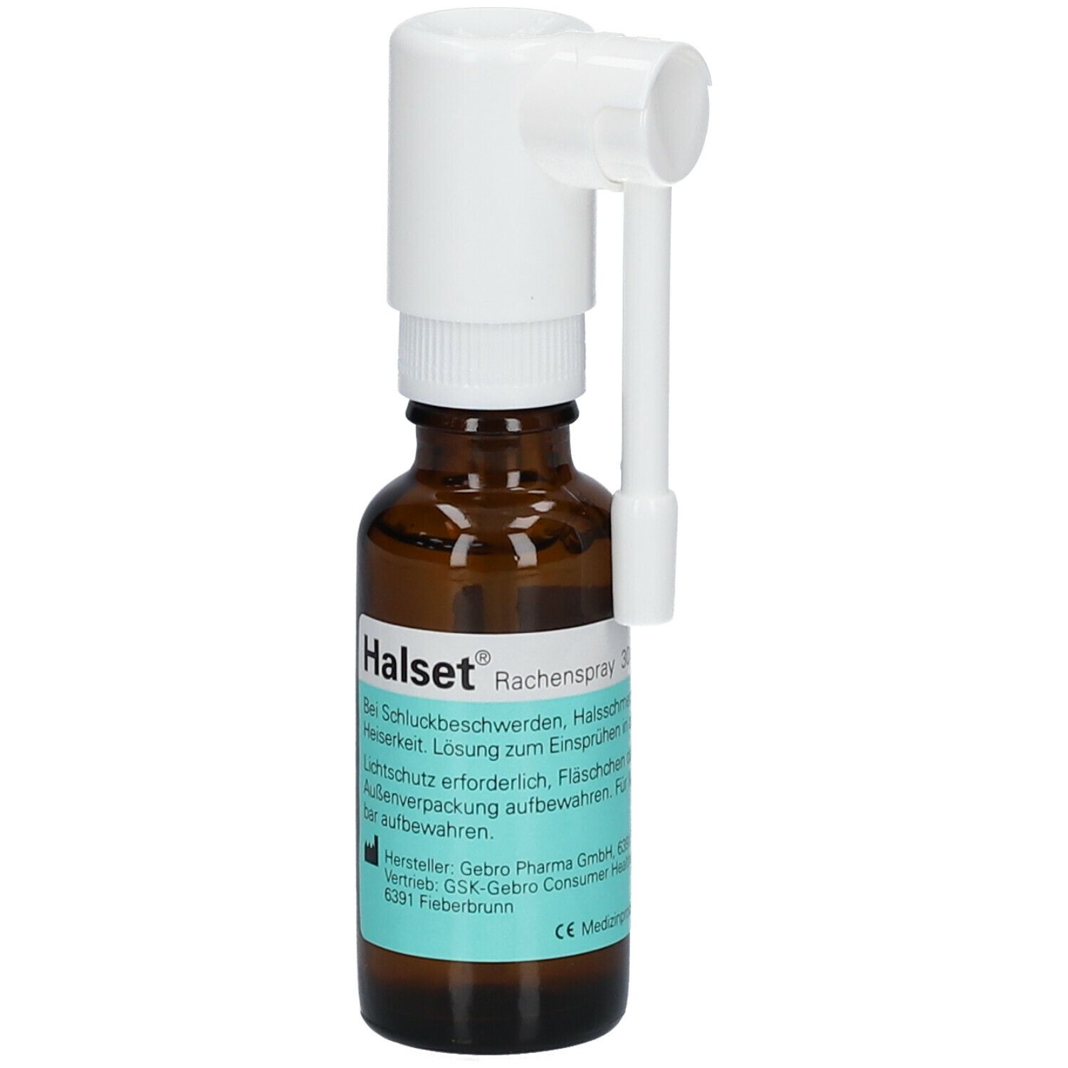 Braune Glasflasche mit weißem Sprühkopf und Aufsatz. Aufkleber mit Produktinformationen. Aufschrift: Halset Rachenspray.