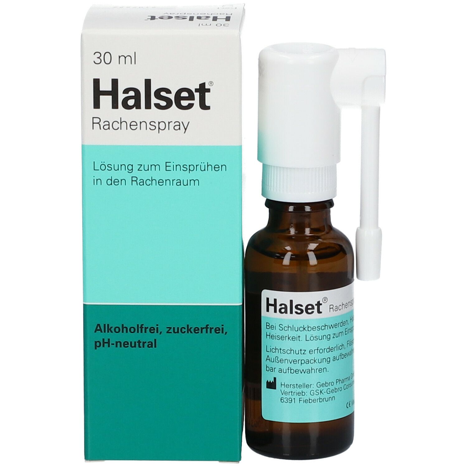Produktverpackung: Flasche mit Sprühkopf und Aufsatz, daneben Karton. Aufschrift: Halset Rachenspray. Zusätzliche Informationen.