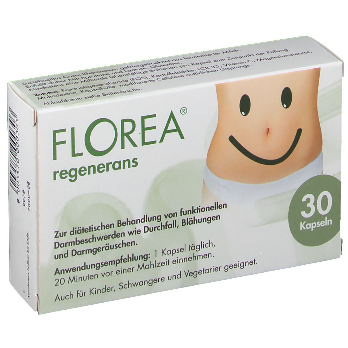 Schachtel mit FLOREA regenerans. Aufdruck: 30 Kapseln. Abbildung eines Bauches mit Smiley. Text in deutscher Sprache.