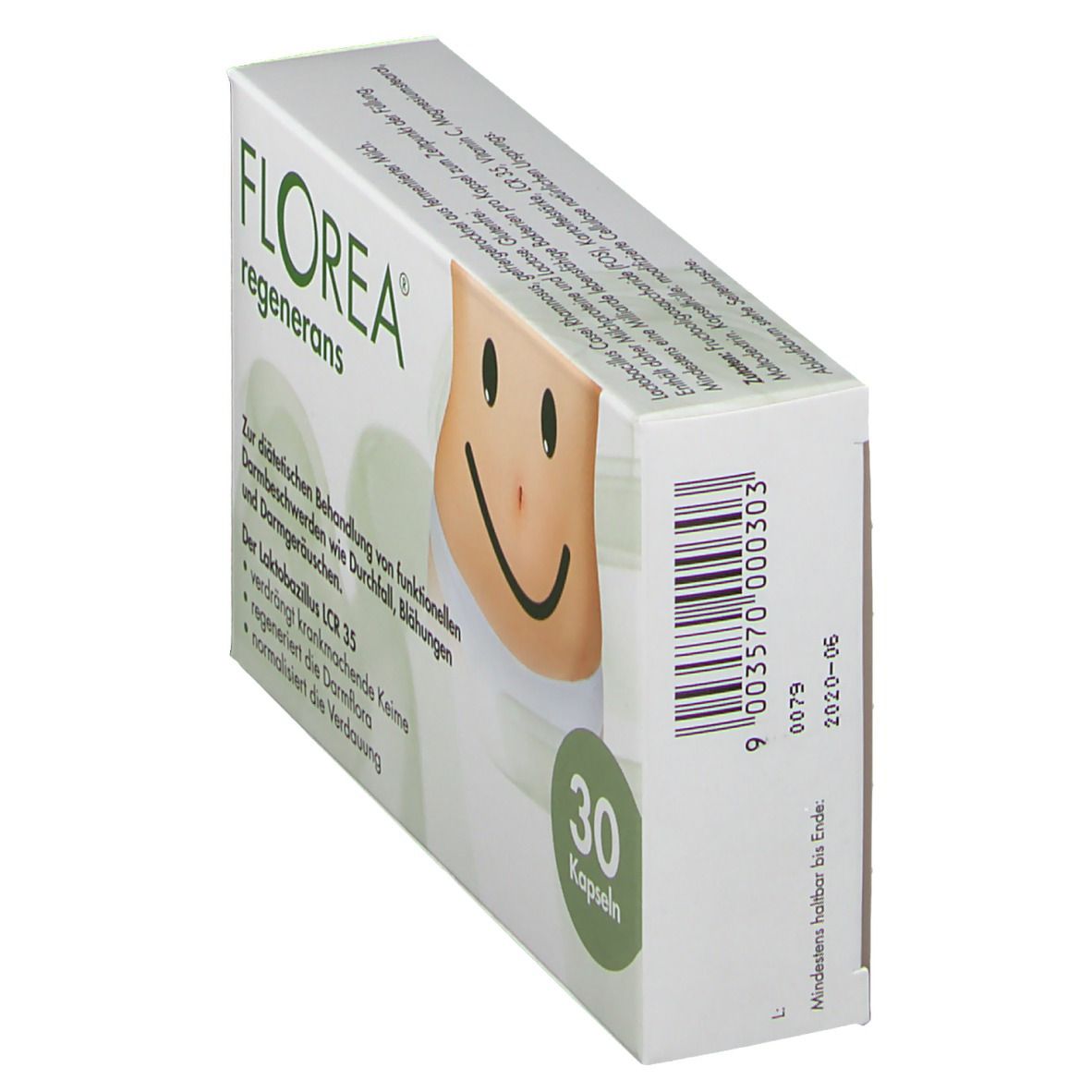 Schräg gestellte Schachtel mit FLOREA regenerans. Aufdruck: 30 Kapseln. Barcode und Mindesthaltbarkeitsdatum. Text in deutscher Sprache.