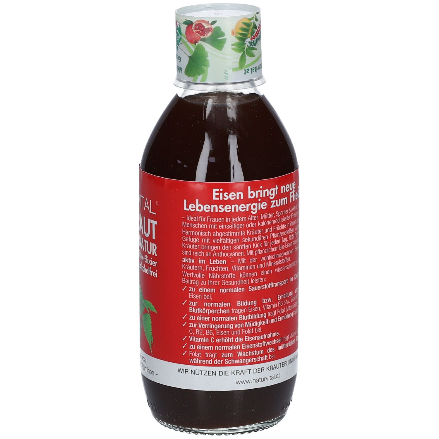 Braune Flüssigkeit in einer Flasche mit rotem Etikett. Aufschrift: Revital Eisenkraut. Rückseite mit Text.