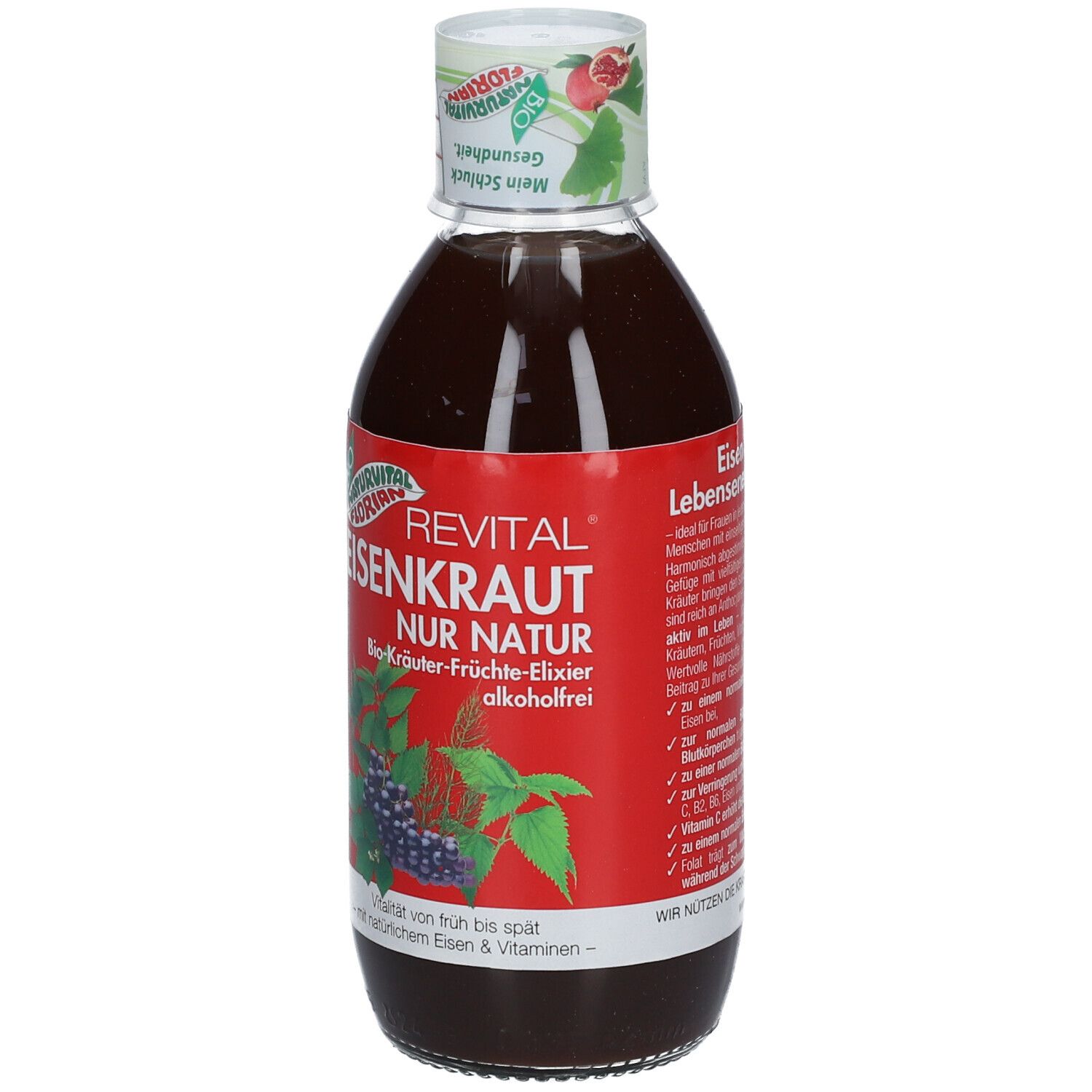 Braune Flüssigkeit in einer Flasche mit rotem Etikett. Aufschrift: Revital Eisenkraut. Deckel mit Aufdruck.