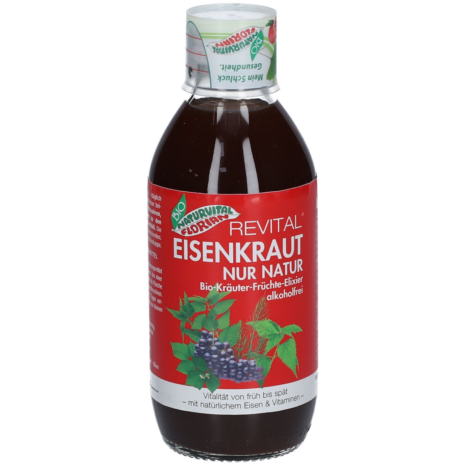 Braune Flüssigkeit in einer Flasche mit rotem Etikett. Aufschrift: Revital Eisenkraut. Deckel mit Aufdruck.