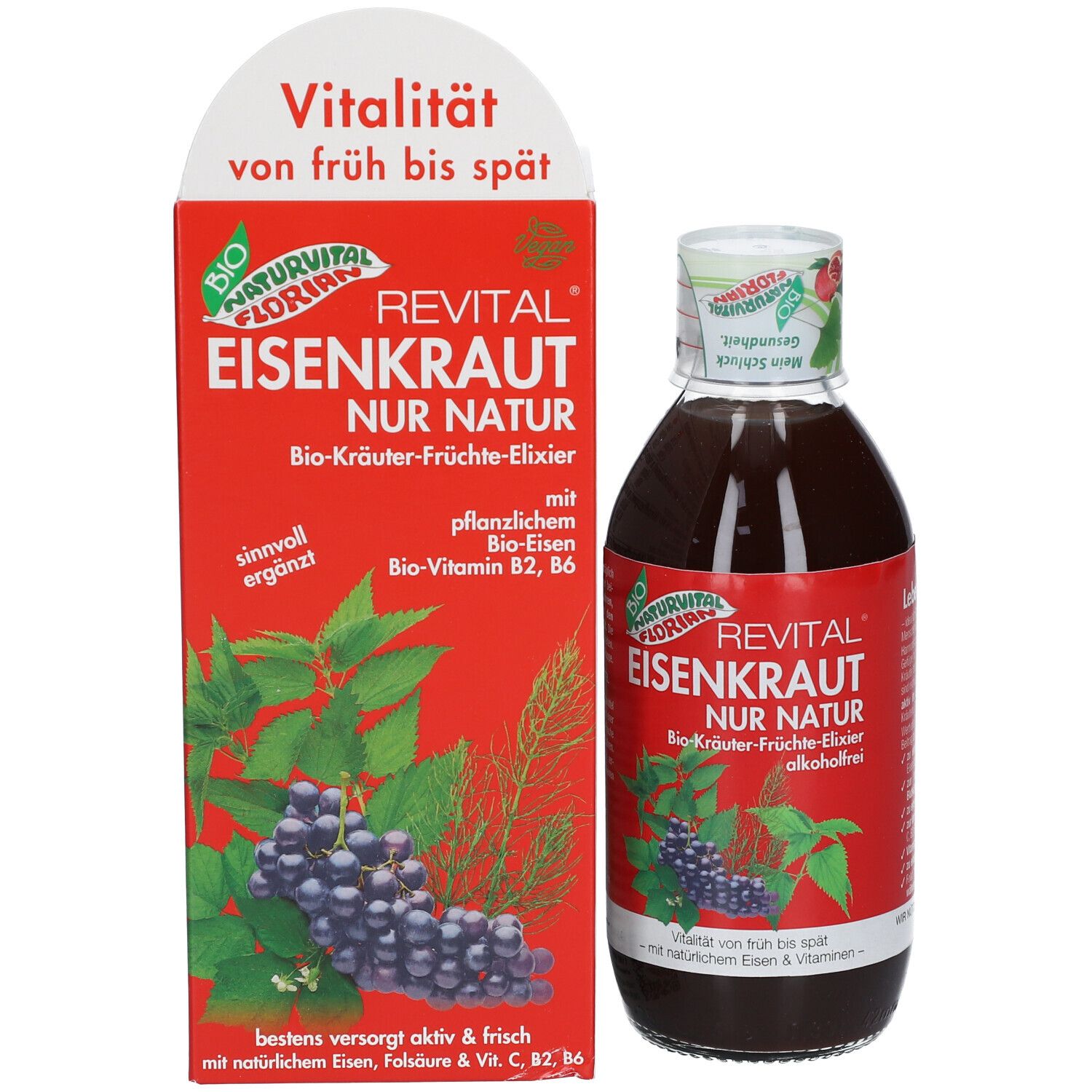 Rote Schachtel und Flasche mit brauner Flüssigkeit. Aufschrift: Revital Eisenkraut. Mit Pflanzenabbildung.