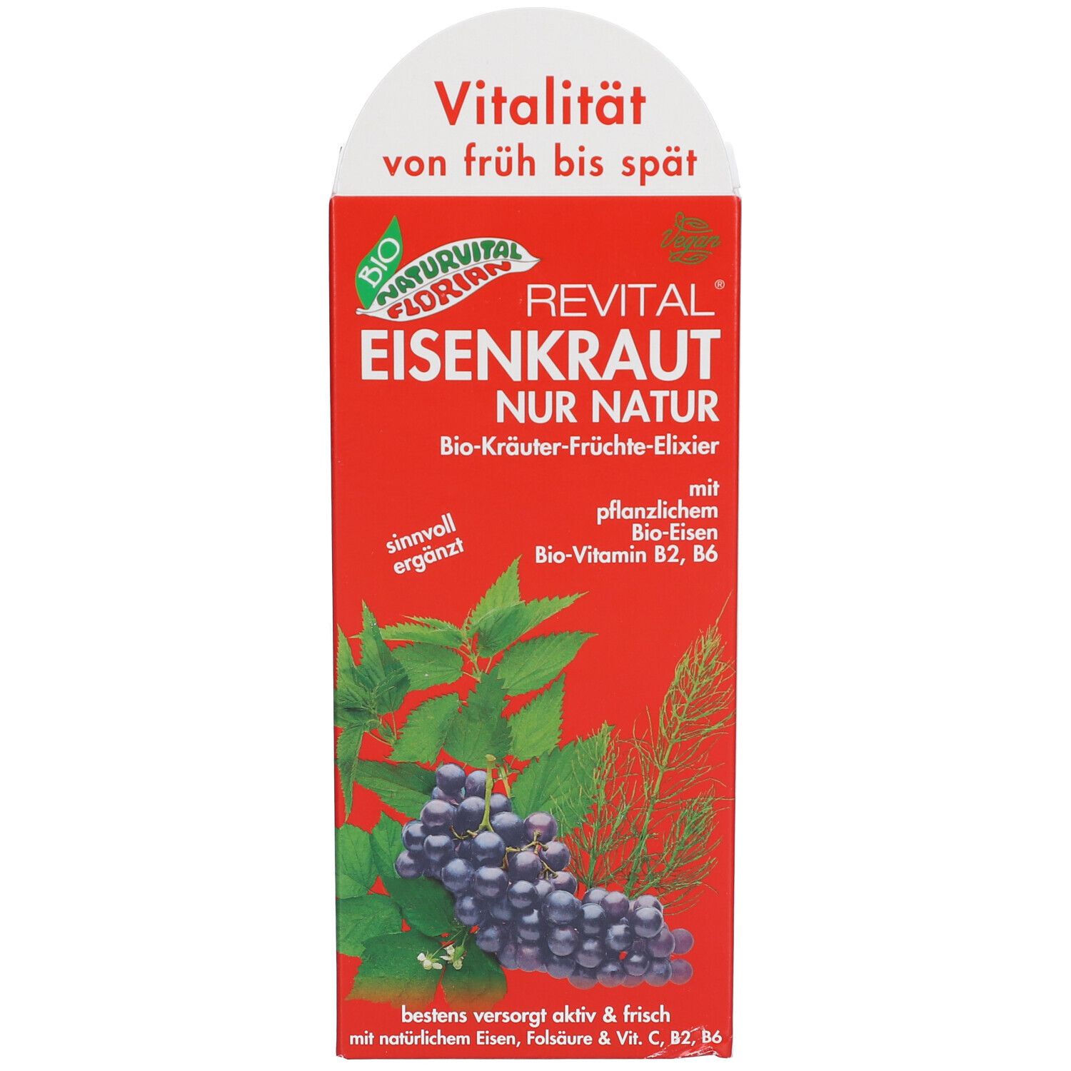 Rote Schachtel mit Aufschrift: Revital Eisenkraut. Mit Pflanzenabbildung und Text.