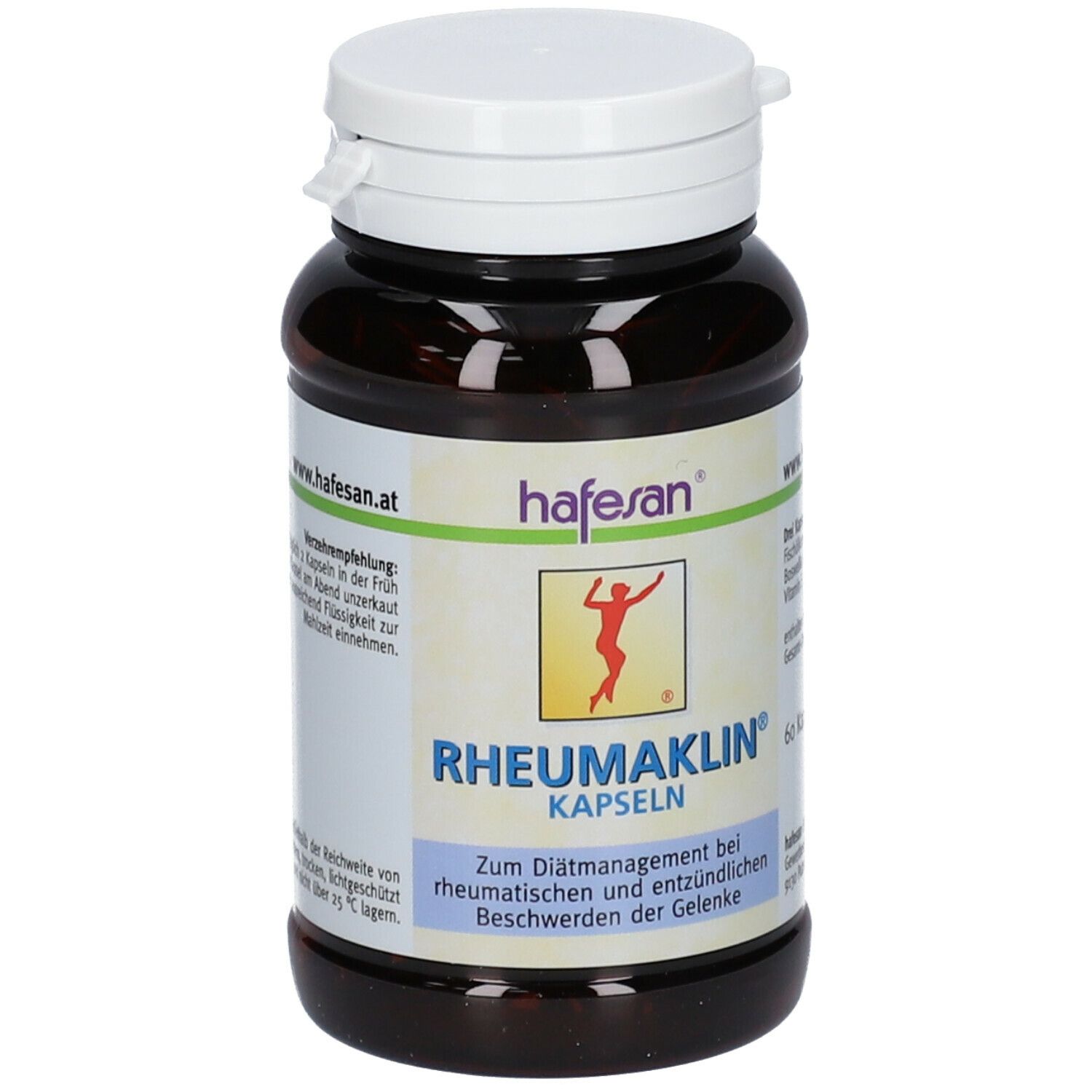 Braune Kapsel-Dose mit weißem Deckel. Aufschrift: Rheumaklin Kapseln. Marke: hafesan. Enthält 60 Kapseln.