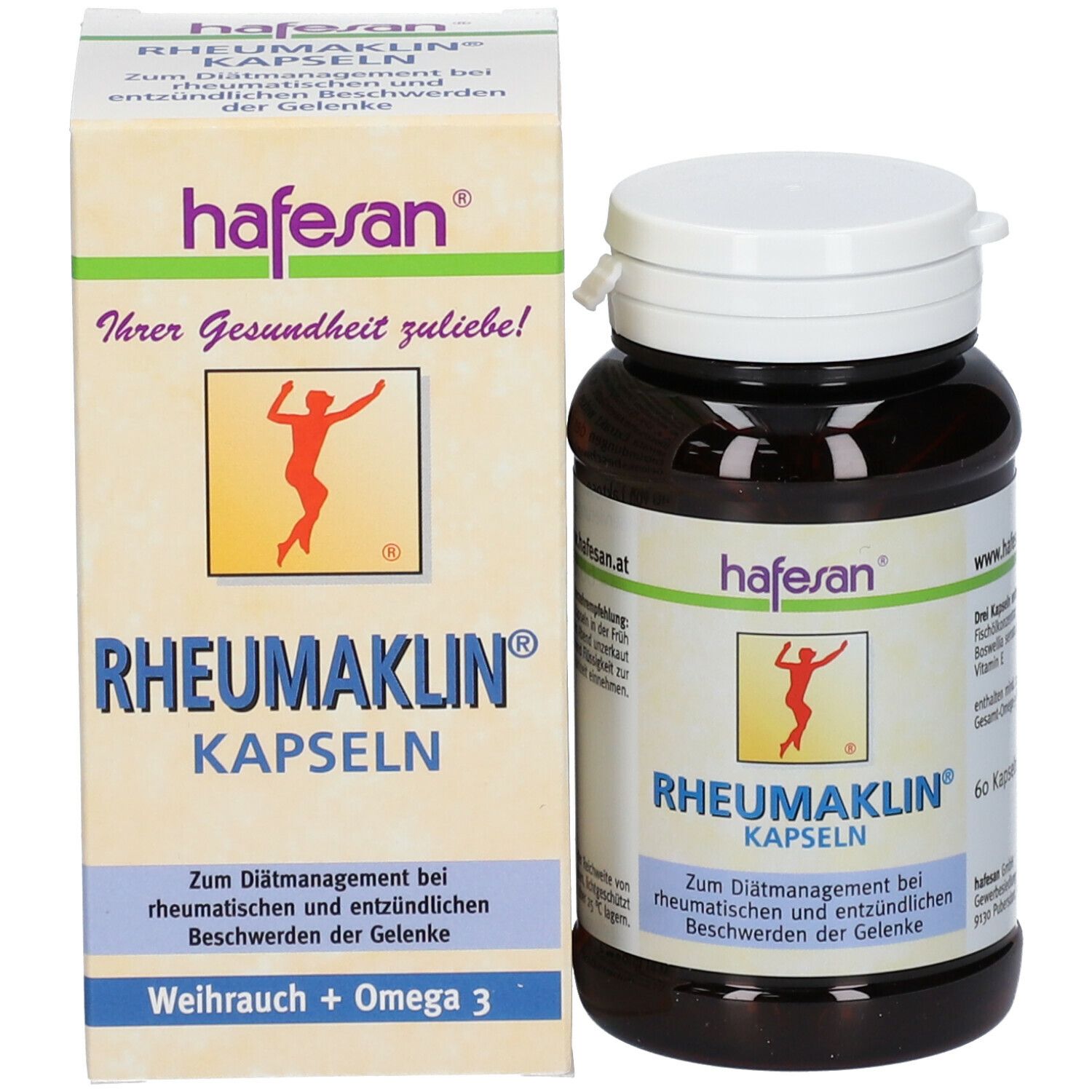 Produktverpackung und Dose. Aufschrift: Rheumaklin Kapseln. Marke: hafesan. Enthält 60 Kapseln.