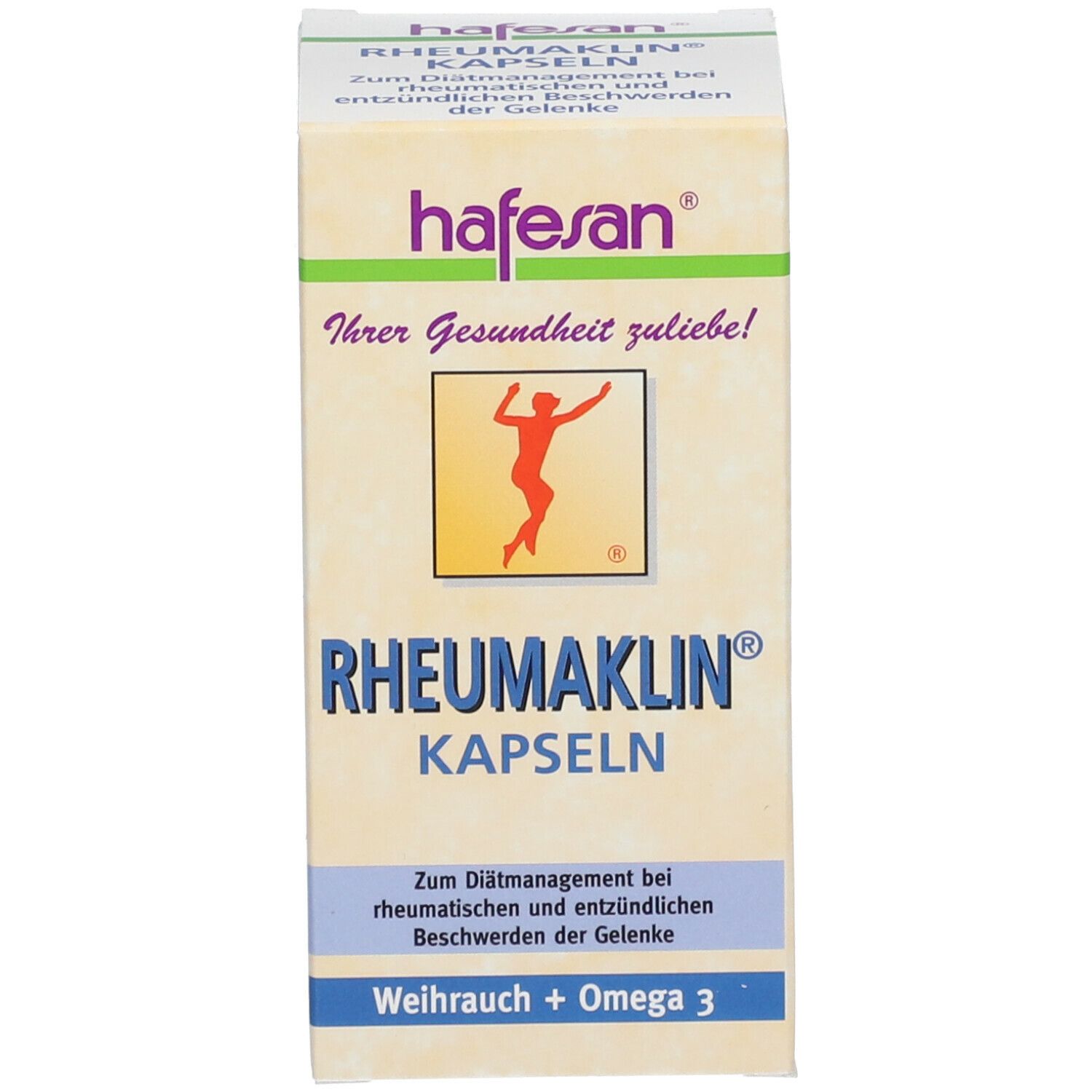 Produktverpackung. Aufschrift: Rheumaklin Kapseln. Marke: hafesan. Enthält Informationen zum Produkt.