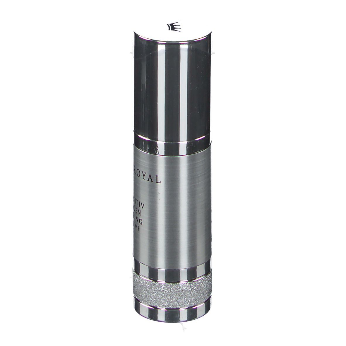 Silberne Tube mit glänzendem Deckel und Boden. Gebürstete Mittelpartie. Text: NOVAROYAL, Sensitiv Augen Lifting Creme.
