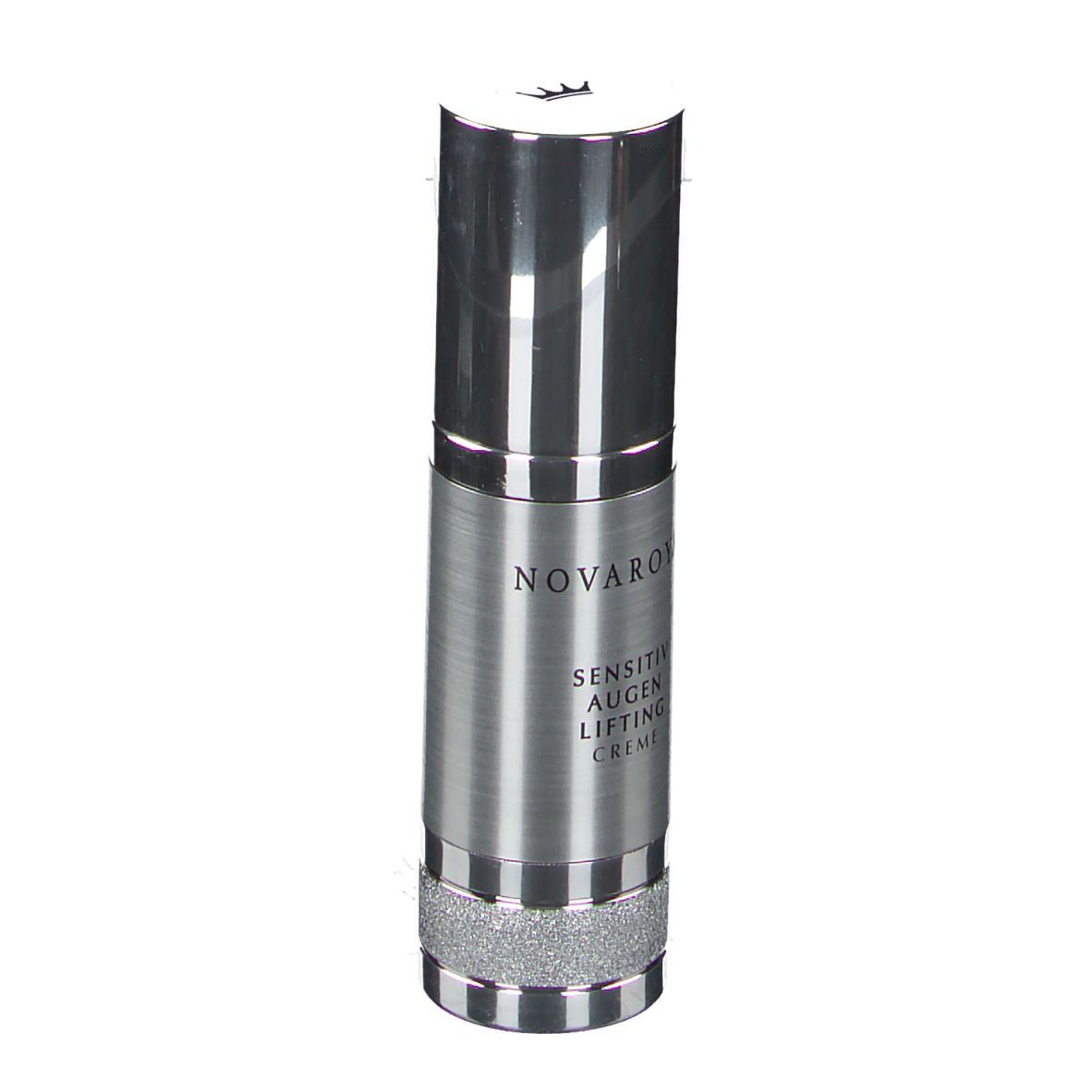 Silberne Tube mit Produktaufschrift. Deckel und unterer Teil glänzend, mittlere Partie gebürstet. Text: NOVAROYAL, Sensitiv Augen Lifting Creme.