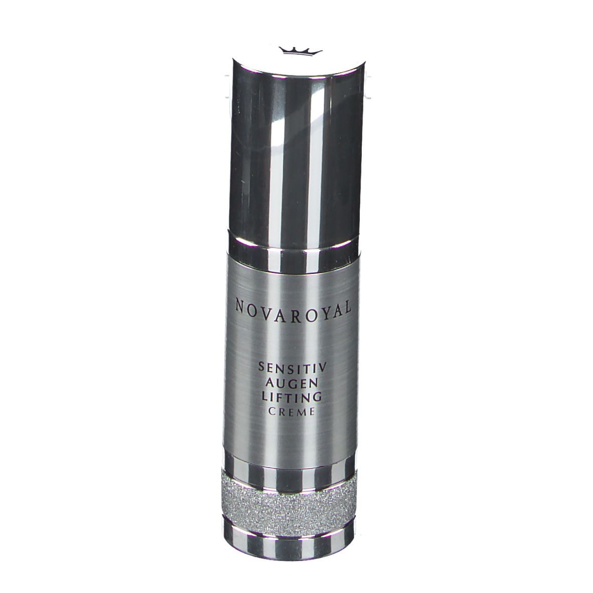 Silberne Tube mit Produktaufschrift. Deckel und unterer Teil glänzend, mittlere Partie gebürstet. Text: NOVAROYAL, Sensitiv Augen Lifting Creme.