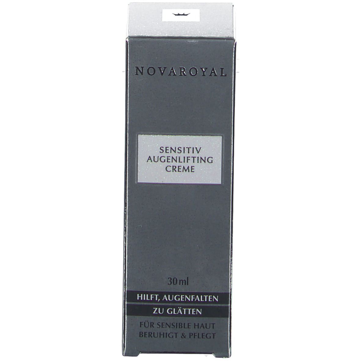 Graue Schachtel mit Produktaufschrift. Text: NOVAROYAL, Sensitiv Augen Lifting Creme, 30 ml. Hilft, Augenfalten zu glätten.