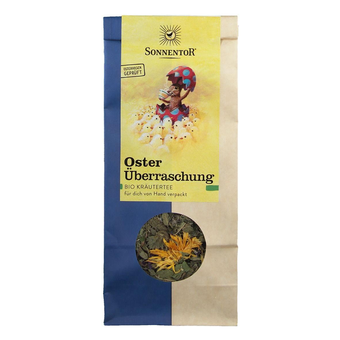 SonnentoR Osterüberraschung Teebeutel. Vorderansicht. Logo, Produktname und Text. Sichtbare Kräuter.