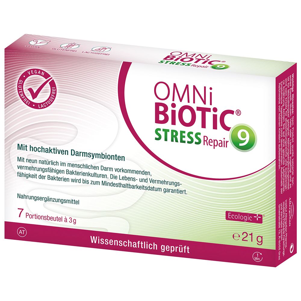 Emballage OMNi BiOTiC® Stress Repair. Contient 7 sachets. Inscriptions : vegan, sans gluten, sans lactose.