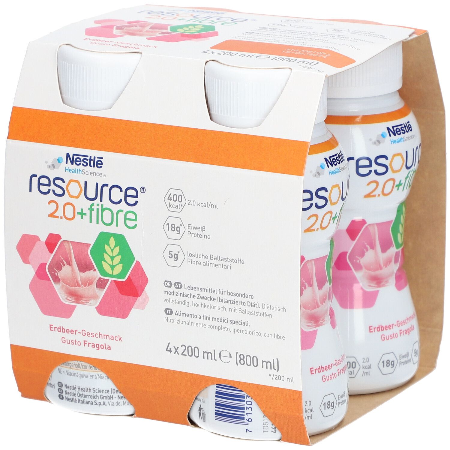 Packung mit vier Flaschen Nestlé Resource 2.0+fibre Erdbeere. Sichtbar sind Produktname, Geschmack und Nährwertangaben.