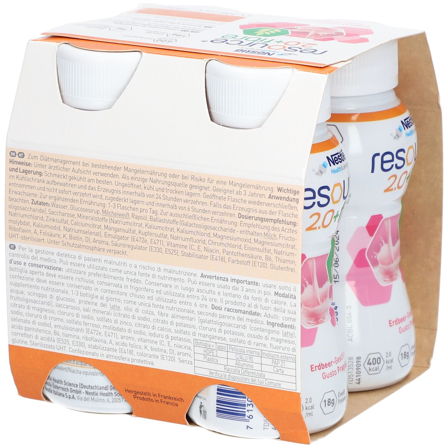 Packung mit vier Flaschen Nestlé Resource 2.0+fibre Erdbeere. Rückseite mit Text und Haltbarkeitsdatum. Zwei Flaschen sichtbar.