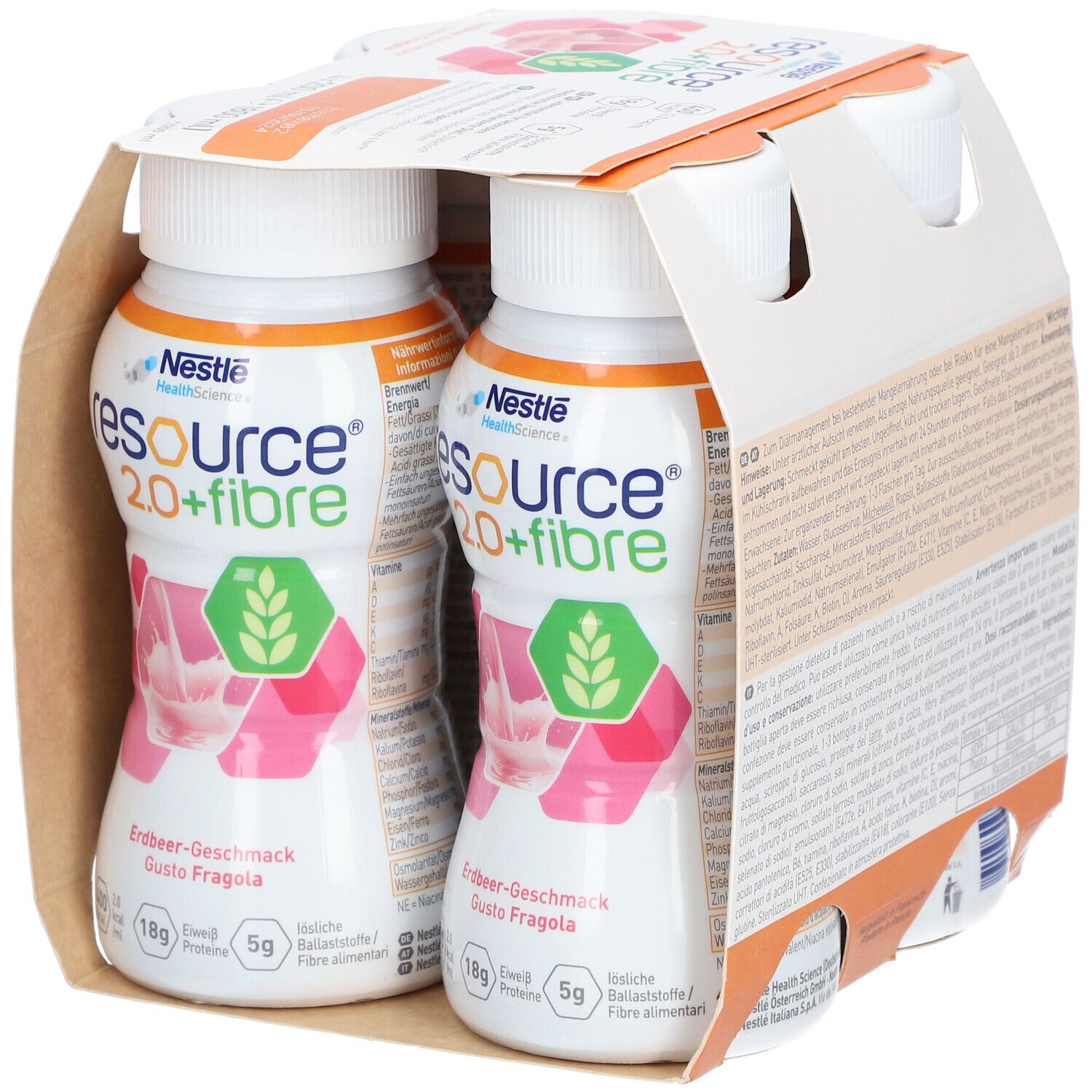 Packung mit vier Flaschen Nestlé Resource 2.0+fibre Erdbeere. Zwei Flaschen sind sichtbar, mit Produktname und Nährwertangaben.