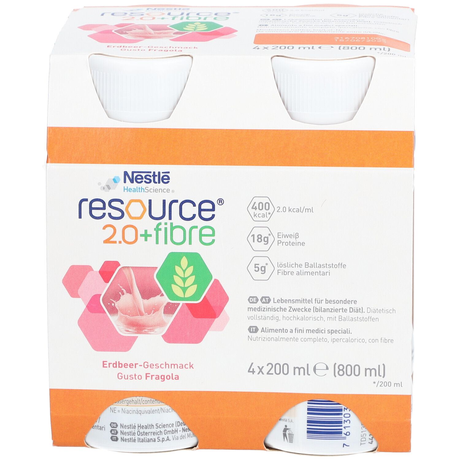 Packung mit vier Flaschen Nestlé Resource 2.0+fibre Erdbeere. Produktname, Geschmack und Nährwertangaben sind deutlich sichtbar.