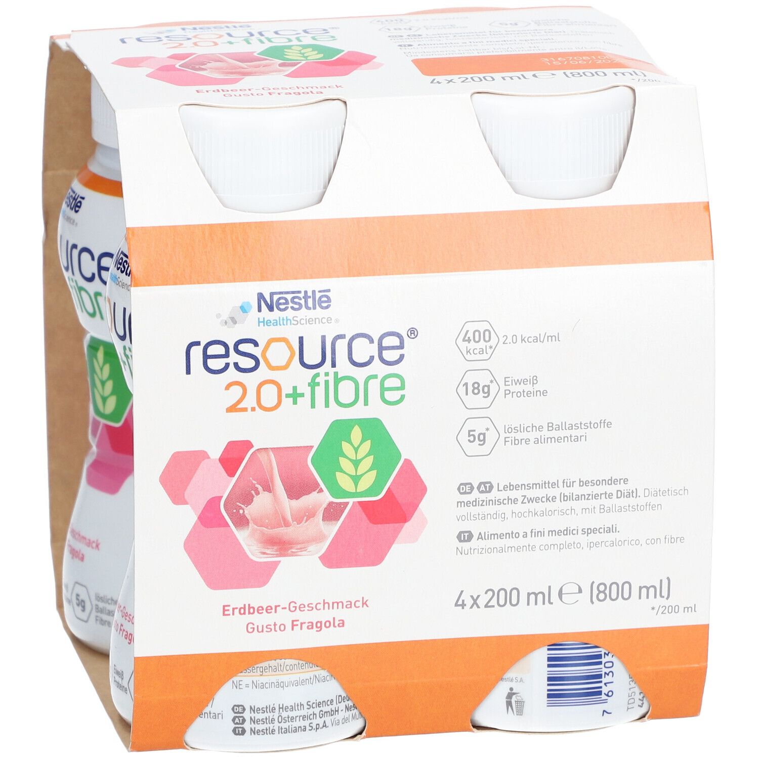 Packung mit vier Flaschen Nestlé Resource 2.0+fibre Erdbeere. Produktname, Geschmack und Nährwertangaben sind deutlich sichtbar.