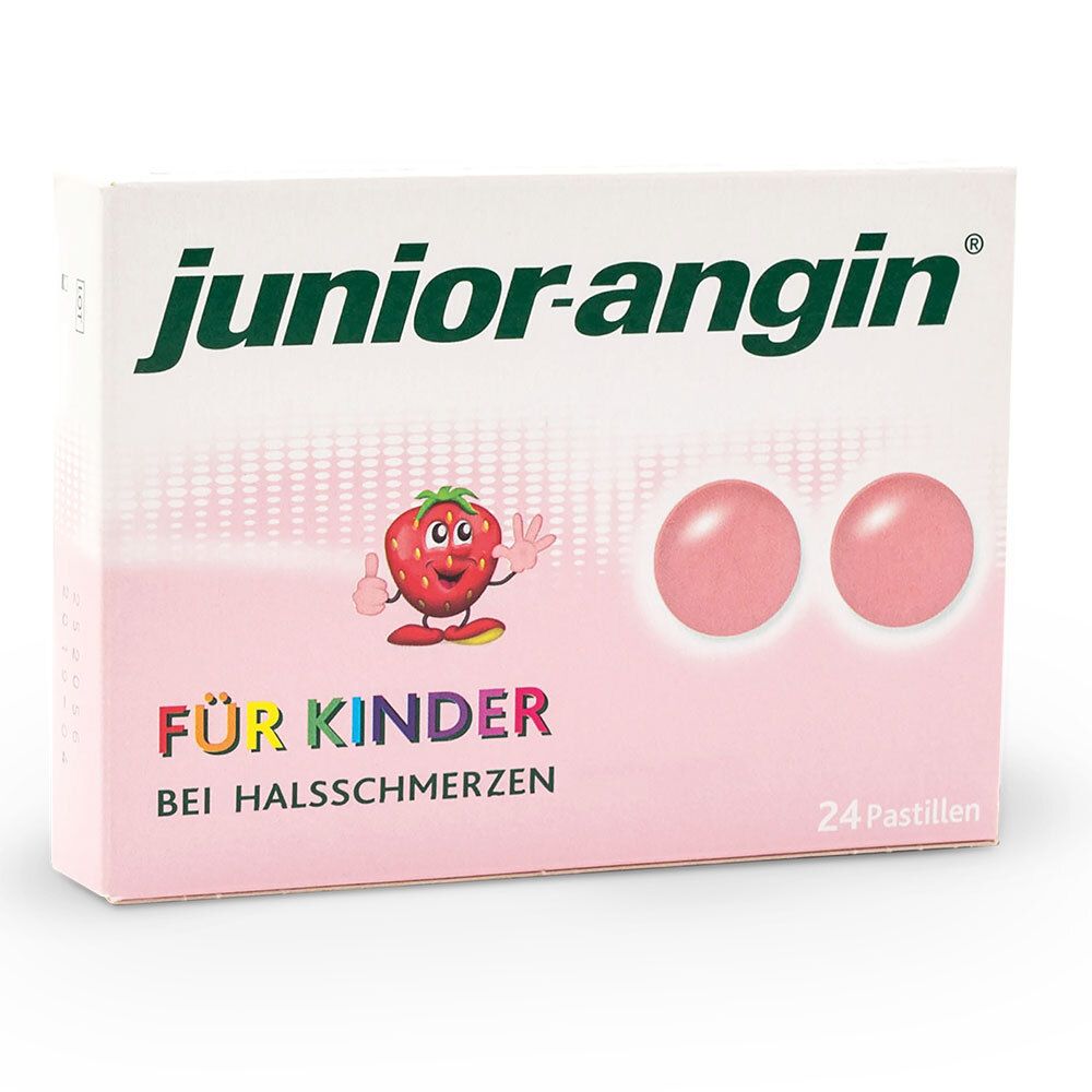Packung junior-angin® mit 24 Pastillen. Rosa Pastillen, Erdbeer-Illustration und Schriftzug.