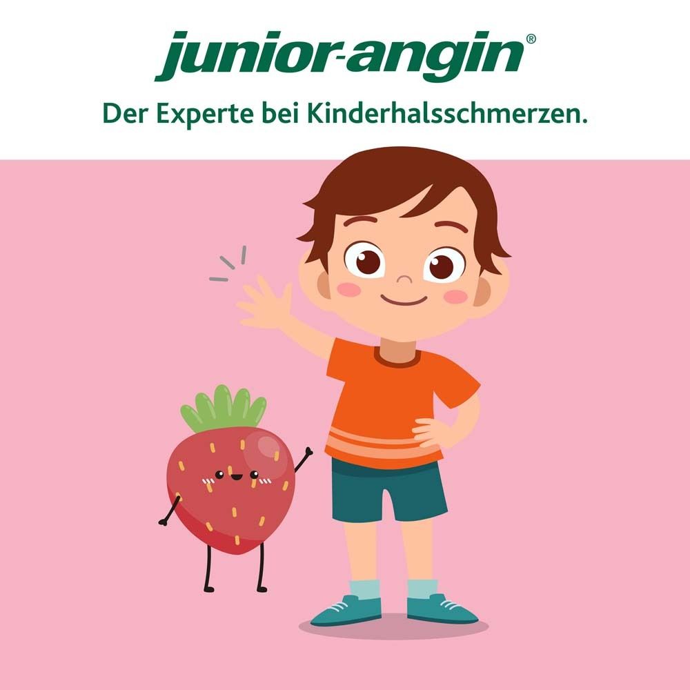 Kind mit Erdbeere. Text: junior-angin®, Der Experte bei Kinderhalsschmerzen.