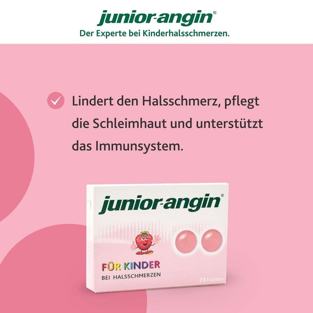 Packung junior-angin® mit 2 Pastillen. Text: Lindert Halsschmerzen, pflegt Schleimhaut, unterstützt Immunsystem.