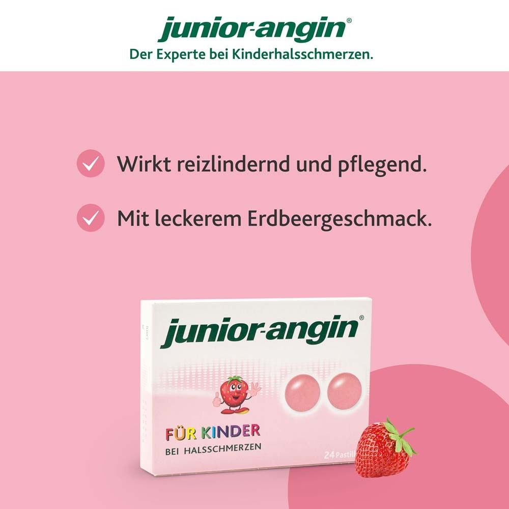 Packung junior-angin® mit 2 Pastillen. Text: Wirkt reizlindernd, pflegend, mit Erdbeergeschmack.