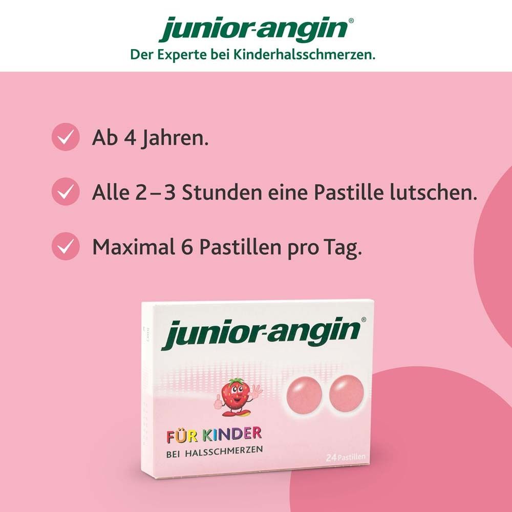 Packung junior-angin® mit 2 Pastillen. Text: Ab 4 Jahren, alle 2-3 Stunden eine Pastille, max. 6 Pastillen.
