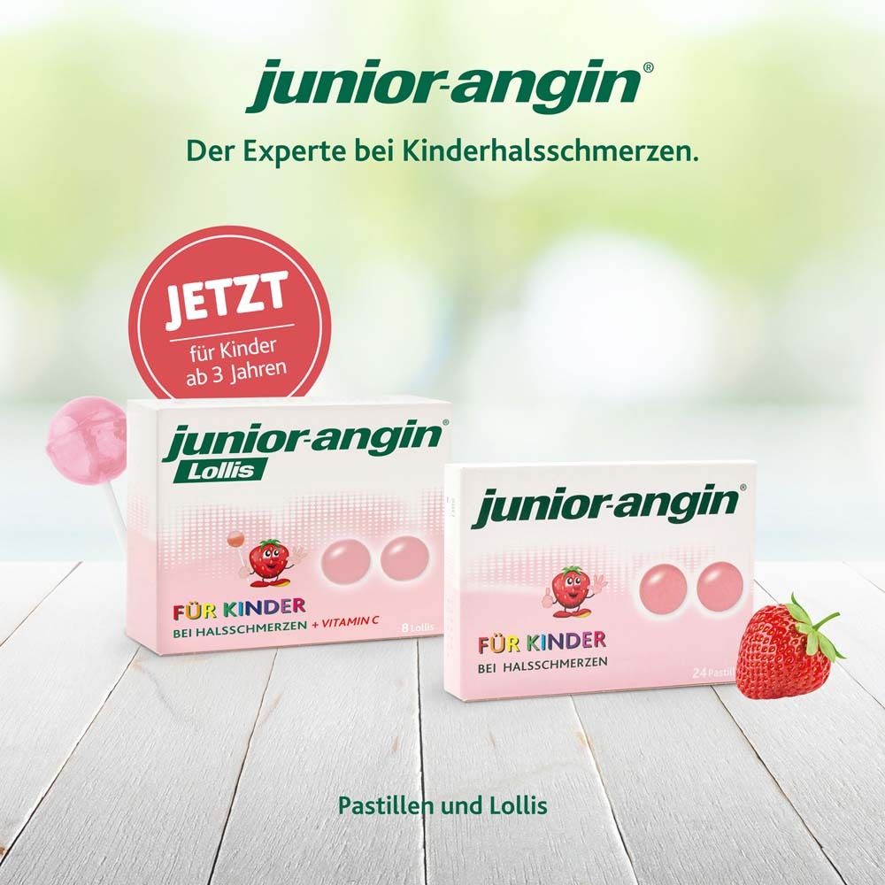 Packungen junior-angin® Pastillen und Lollis. Text: Jetzt für Kinder ab 3 Jahren.