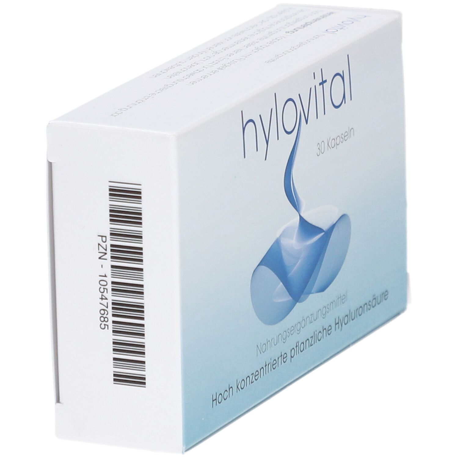 Weiße Schachtel, "hylovital"-Logo. Barcode und Text auf der Seite. "30 Kapseln", "Nahrungsergänzungsmittel", "Hoch konzentrierte pflanzliche Hyaluronsäure".