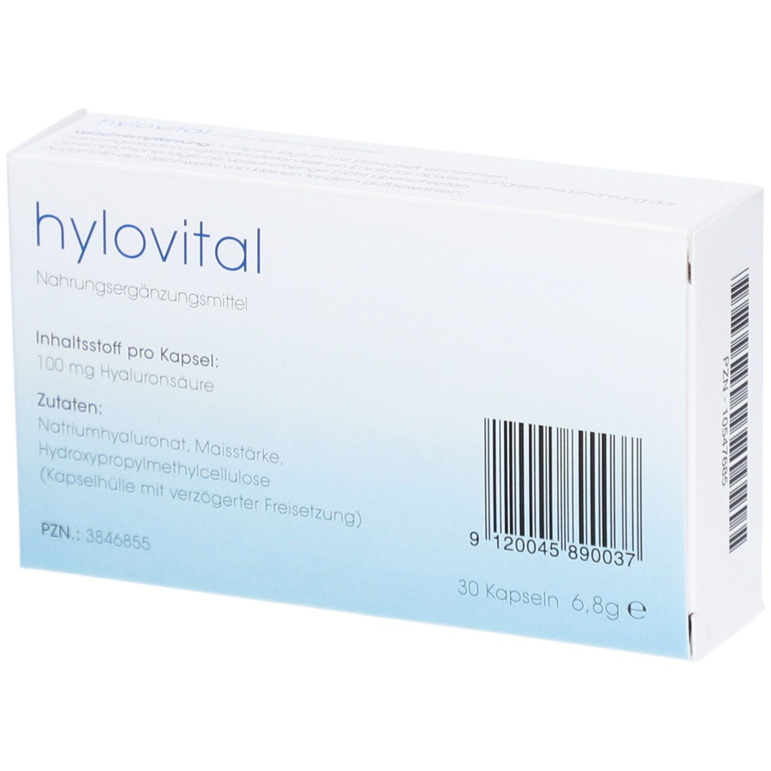 Weiße Schachtel, "hylovital"-Logo. Text: "30 Kapseln", "Nahrungsergänzungsmittel". Zutatenliste und Barcode auf der Seite.