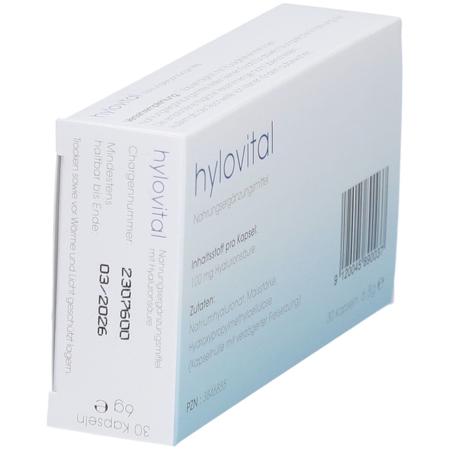 Weiße Schachtel, "hylovital"-Logo. Text: "30 Kapseln", "Nahrungsergänzungsmittel". Mindesthaltbarkeitsdatum und Barcode auf der Seite.